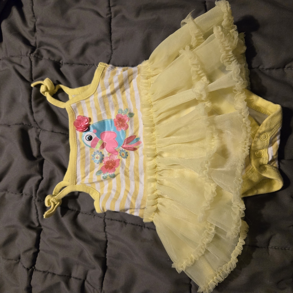Yellow Striped Baby Dress with Bird Design